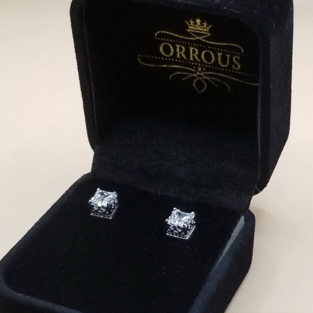 18k White Gold Plated Cubic Zirconia Stud Earrings - Square Setting ORROUS